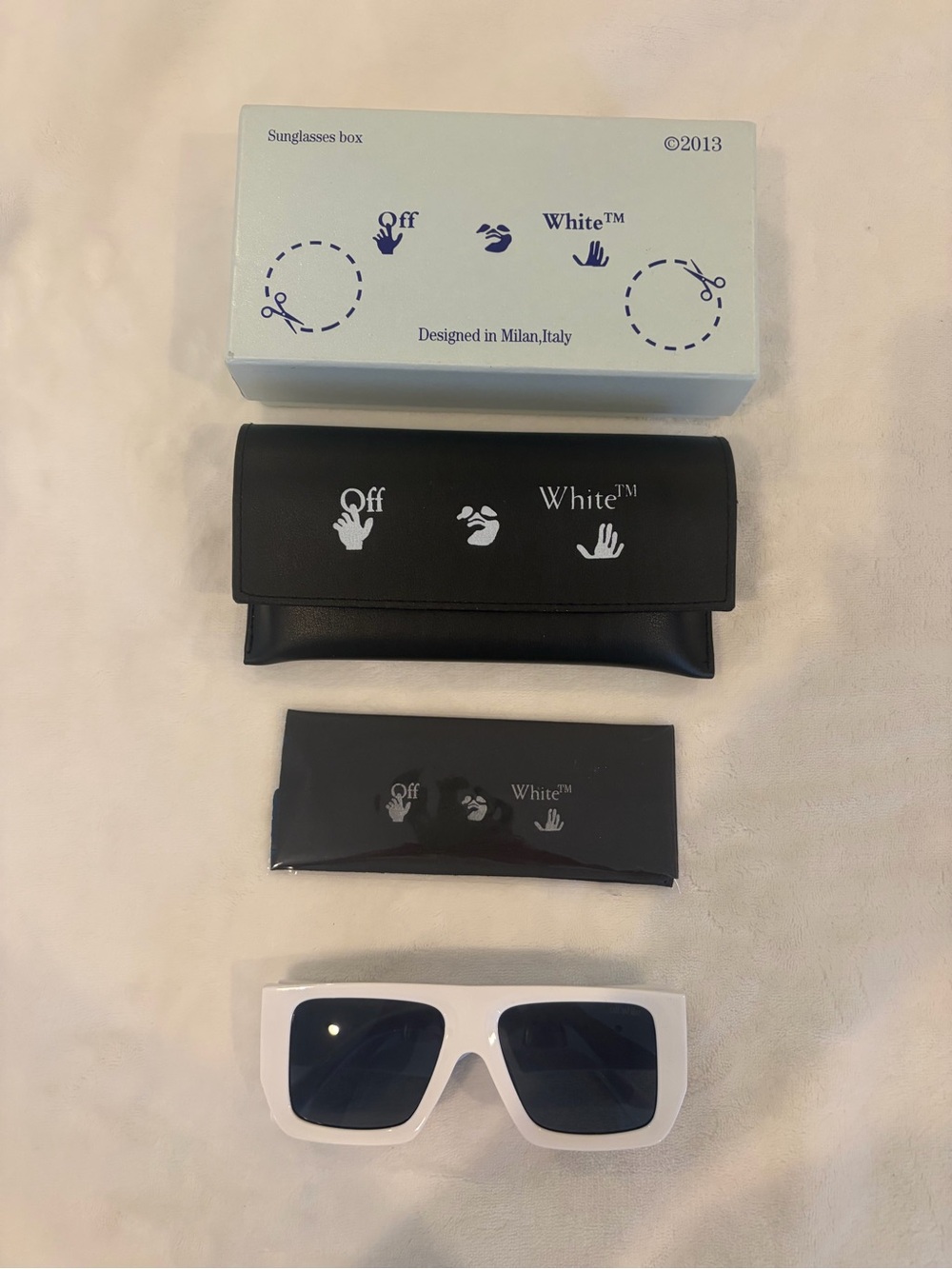 Off-White White Frame Sunglasses with Black Lenses and Branded Case